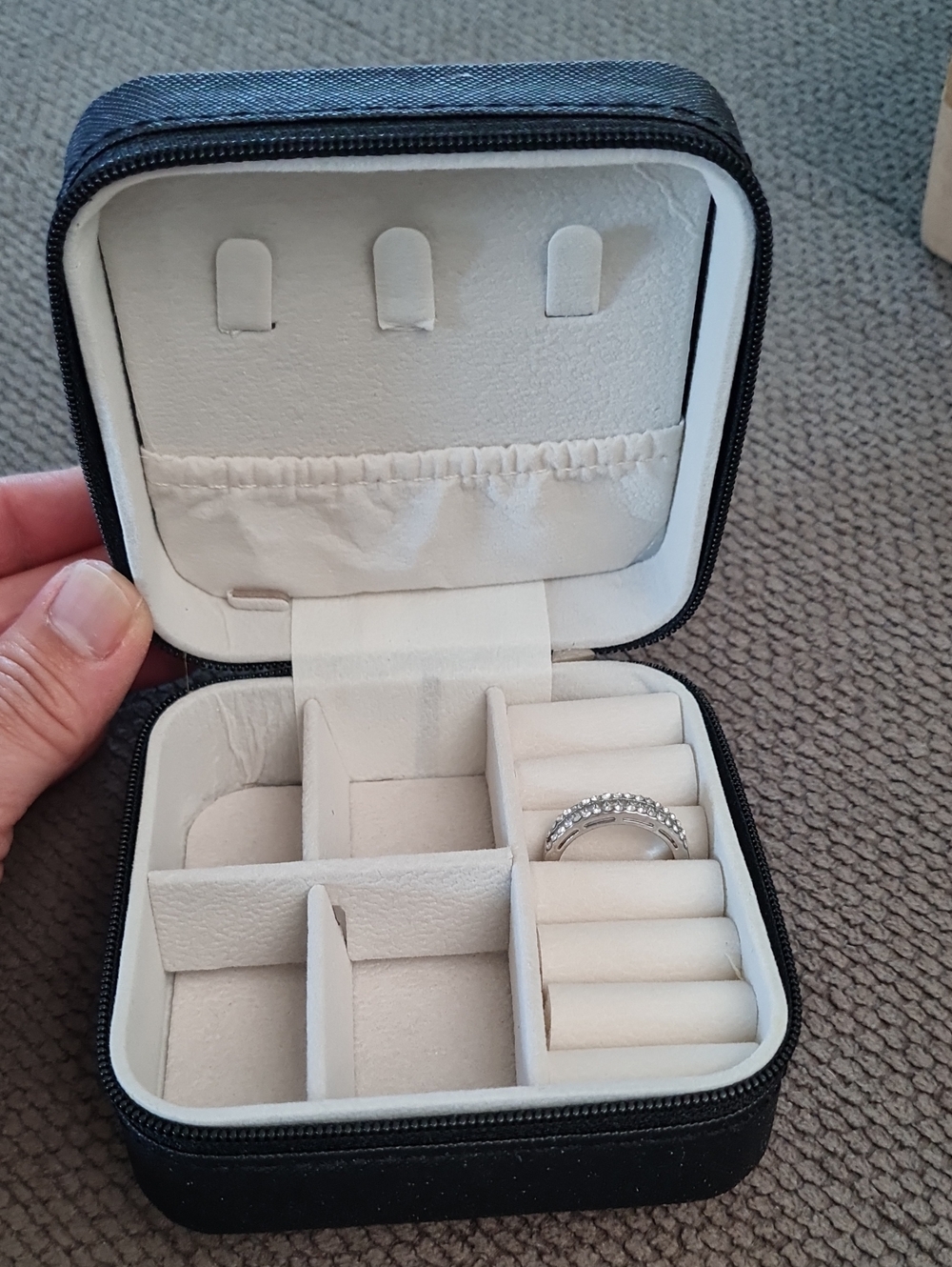 Compact Black Jewelry Organizer Case with Cream Velvet Interior